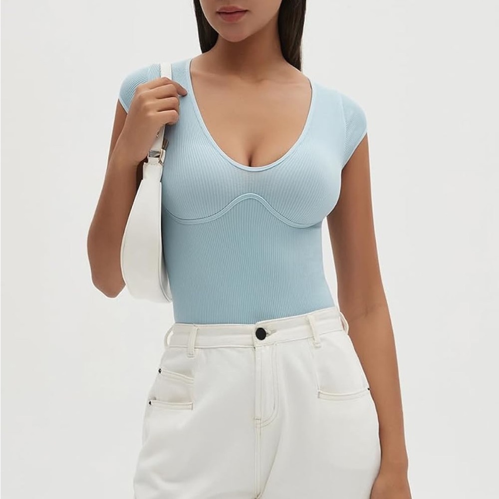 Light‎ Blue Ribbed Deep V-Neck Corset Seam Cap Sleeve Thong Bodysuit L